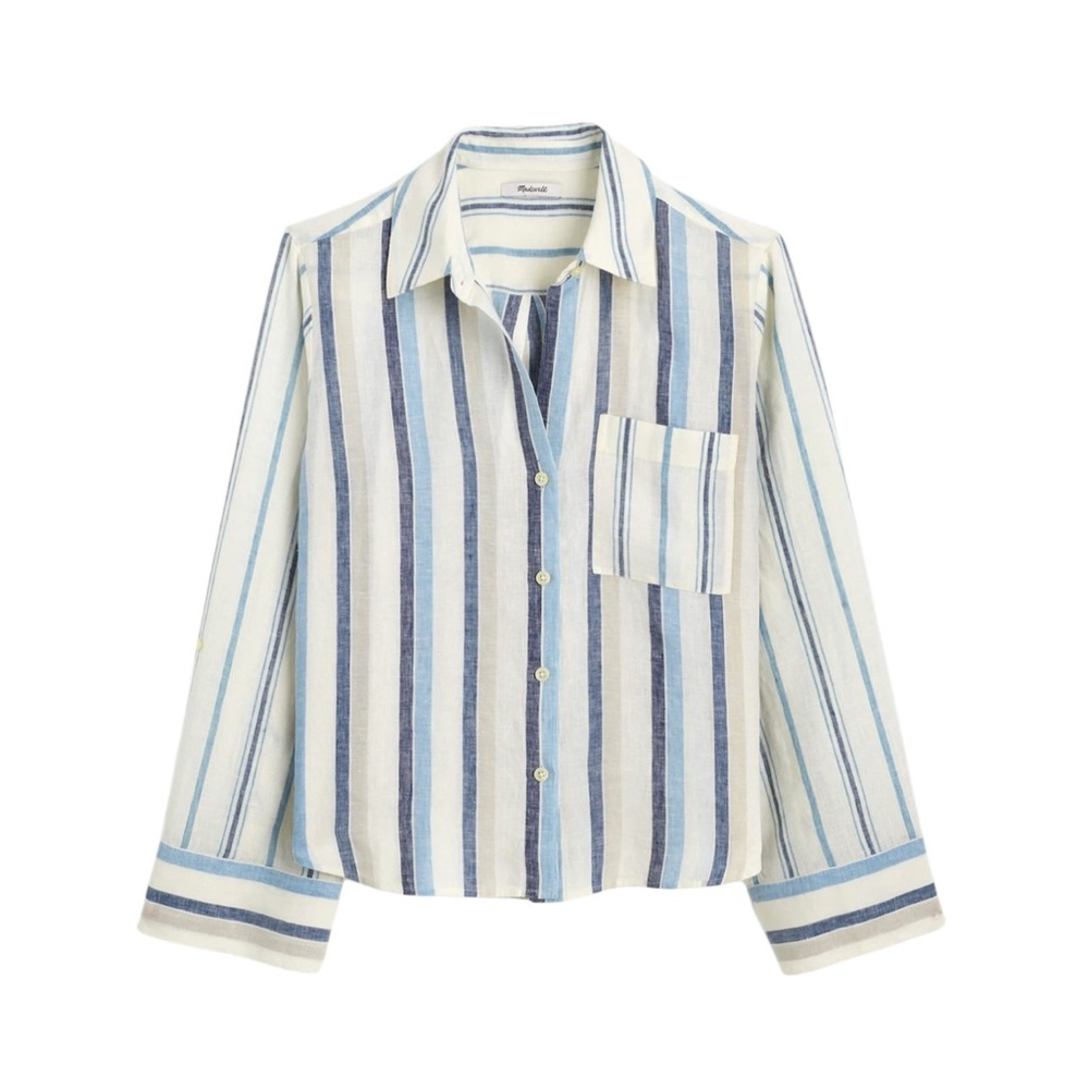 Madewell Linen Easy Y-Neck Button-Up Shirt in Blue And Light Blue Stripe